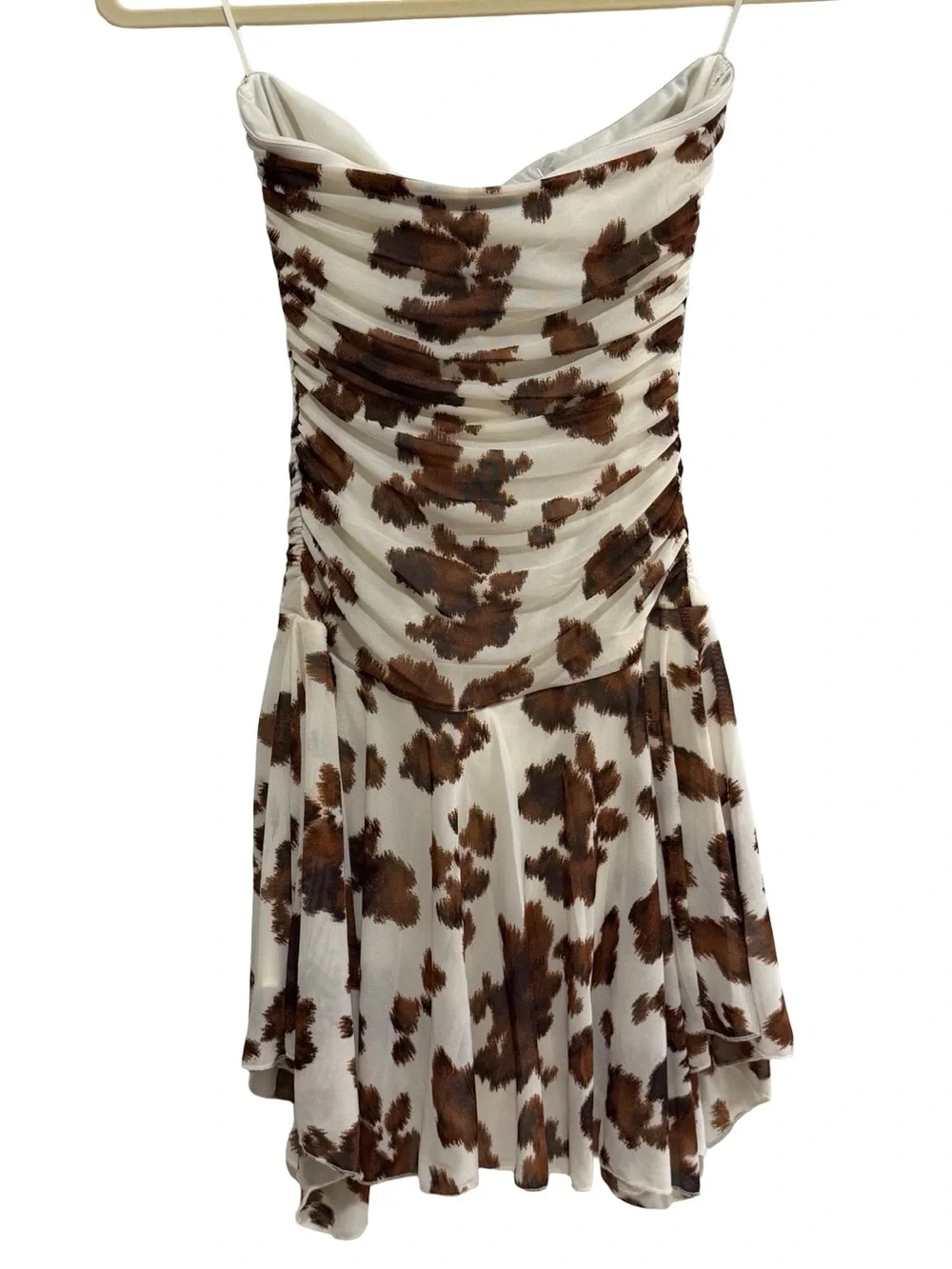 Cow Print Sleeveless Ruched Mini Dress Brown Cream S NWT - Picture 4 of 8